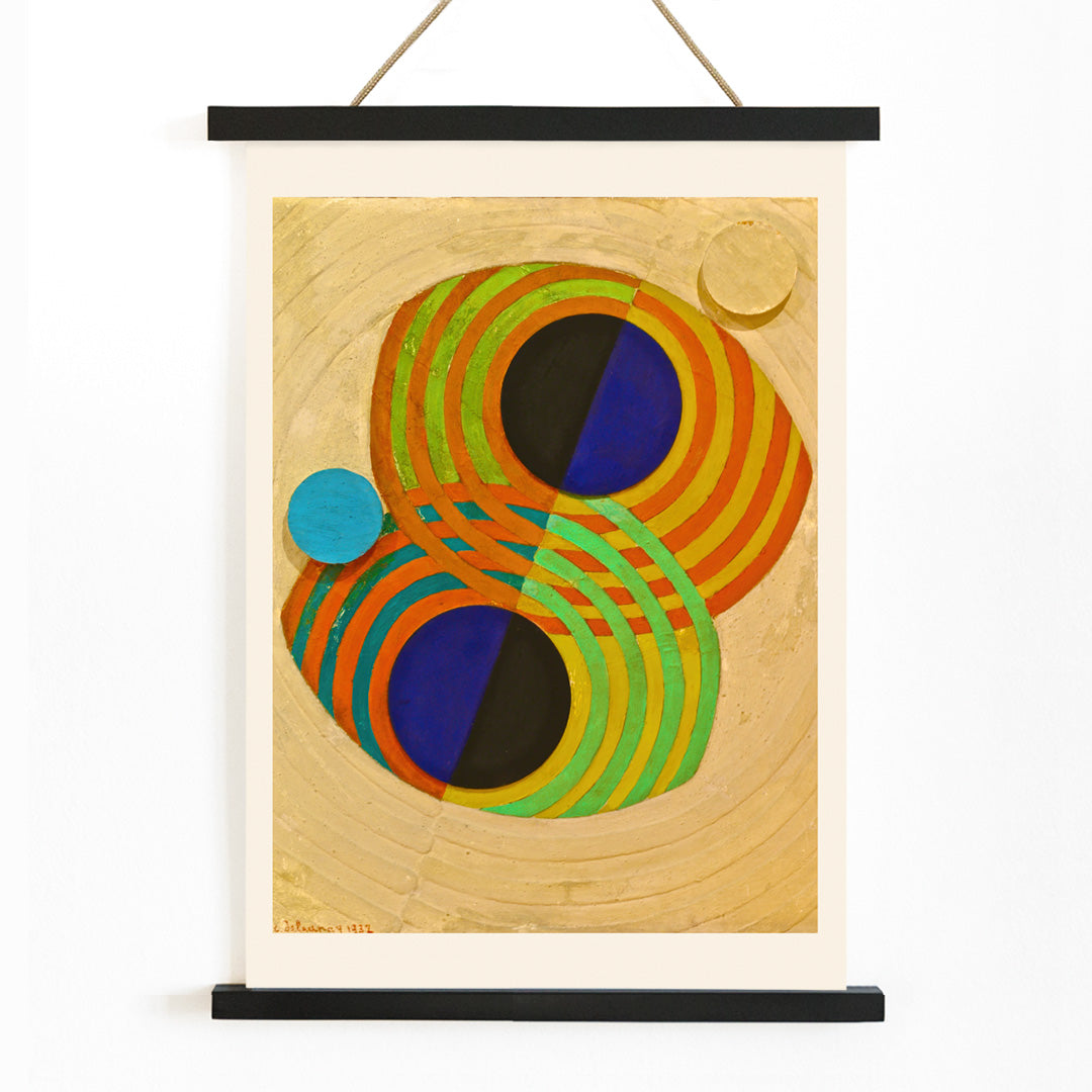 Abstract geometric composition with bold concentric circles from Relief Rhythms by Robert Delaunay poster, with wooden magnetic frame on white background