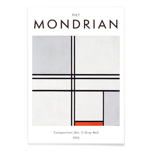 Geometric abstract artwork poster with black lines and color blocks by Piet Mondrian Composition No 1 Gray-Red, with black aluminium frame on white background