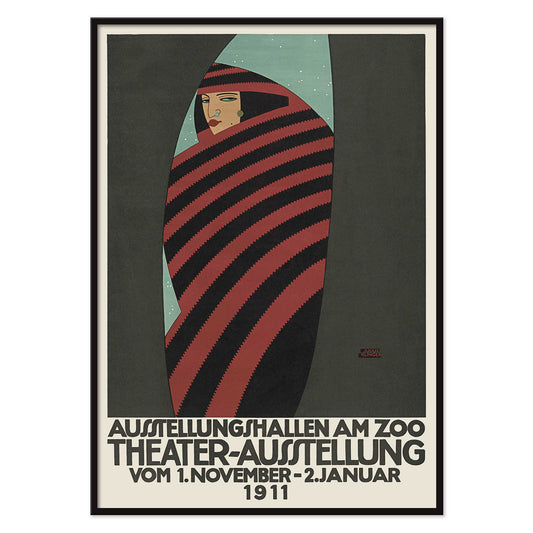 Julius Klinger Theater exhibition at the zoo poster with red and black striped figure on teal background, with black aluminium frame on white background
