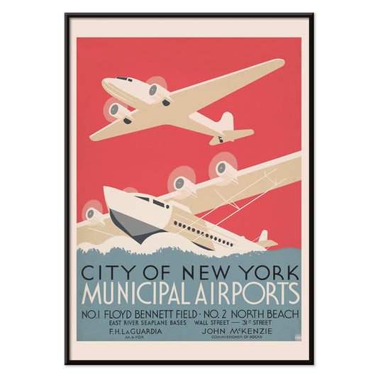 Vintage poster of stylized airplanes flying over water for City of New York municipal airports featuring bold artwork title and locations Floyd Bennett Field and North Beach, with black aluminium frame on white background
