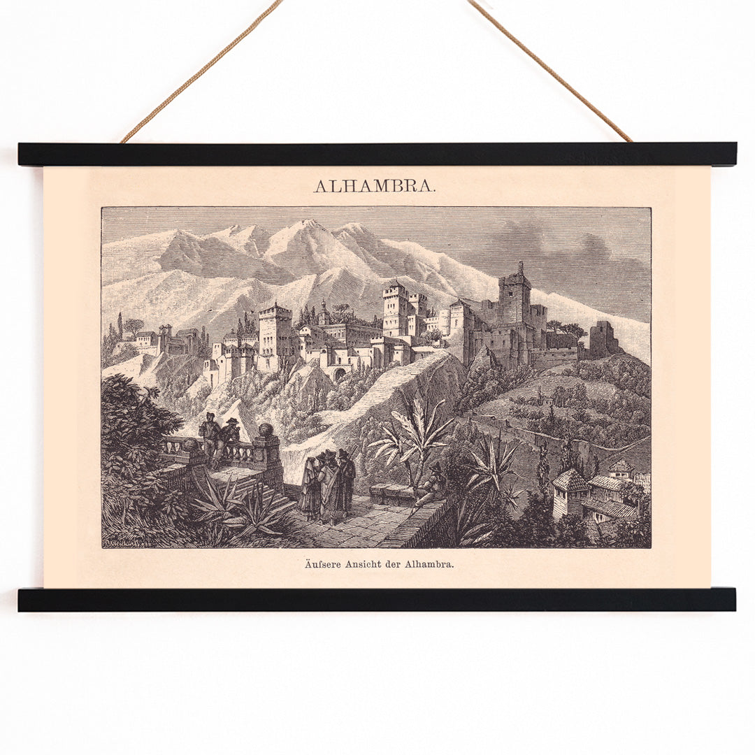 Vintage illustration poster of Alhambra palace with mountains and vegetation by The Institute of Liepzig, with wooden magnetic frame on white background