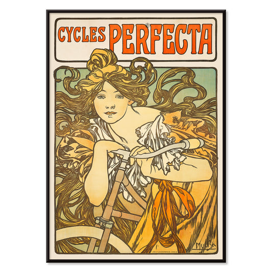Art Nouveau poster of a woman with flowing hair riding a bicycle with decorative floral design by Alphonse Mucha for Cycles Perfecta, with black aluminium frame on white background