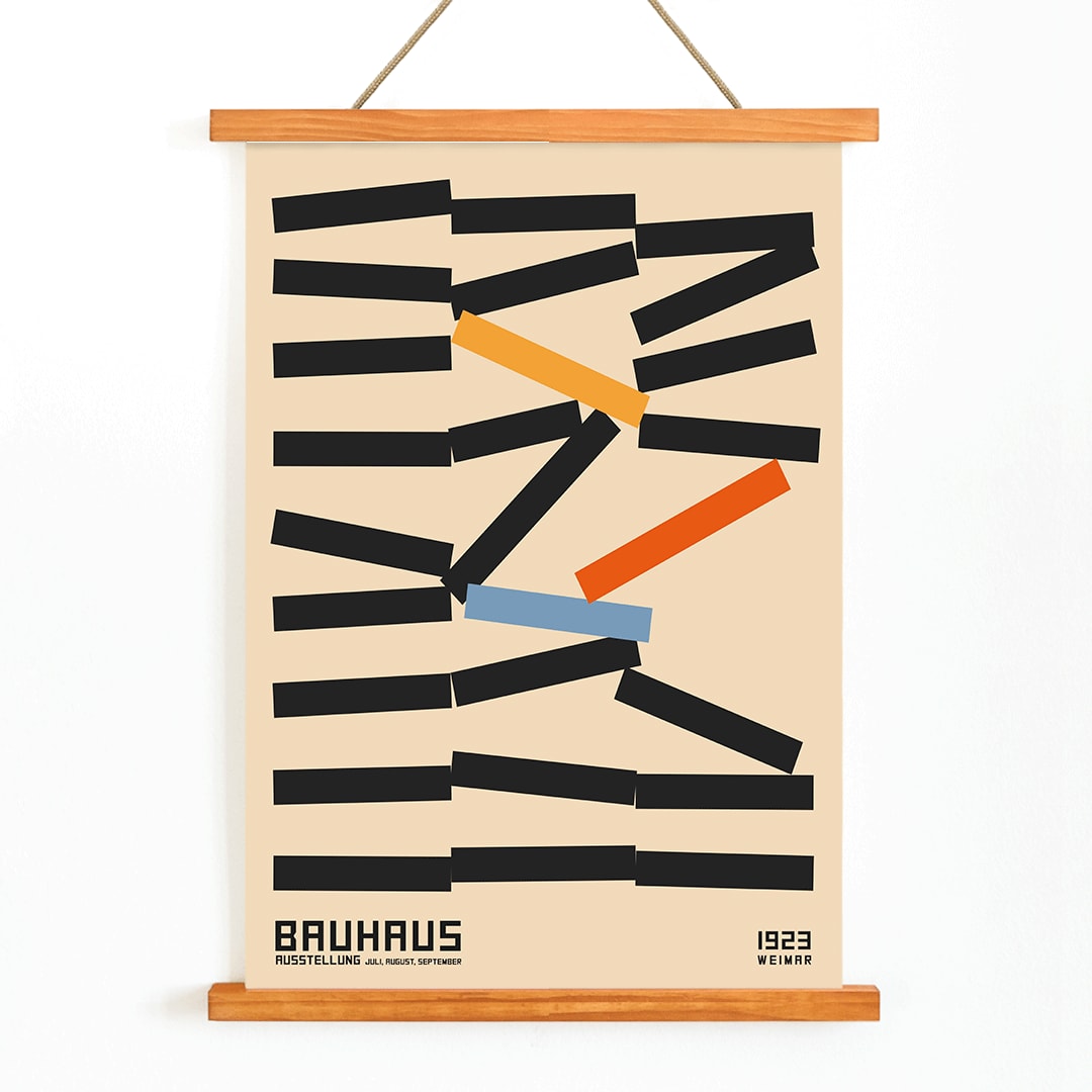 Bauhaus Poster 5 by Kandinsky with abstract geometric design in black orange and blue inspired by Weimar Exhibition on beige background, with wooden magnetic frame on white background