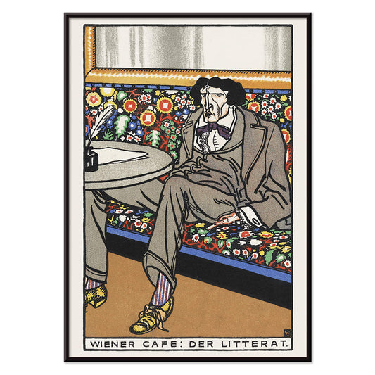Poster of a man lounging in an ornate Viennese café setting on a floral bench at a table titled Viennese Café The Man of Letters by Moriz Jung, with black aluminium frame on white background