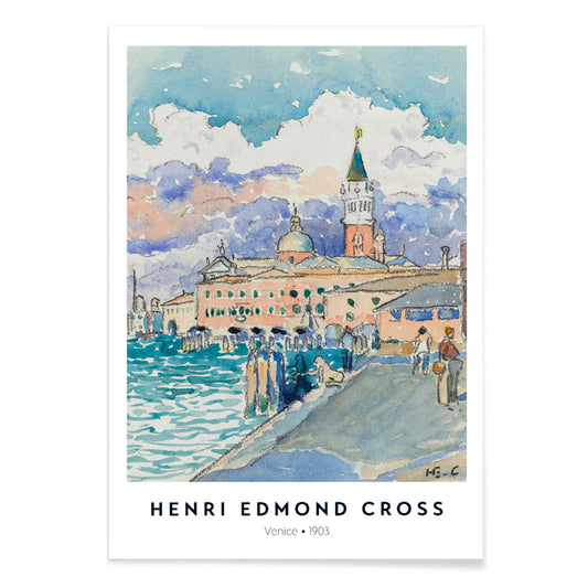 Venice waterfront artwork by Henri Edmond Cross featuring vibrant historic buildings and colorful sky poster, with black aluminium frame on white background