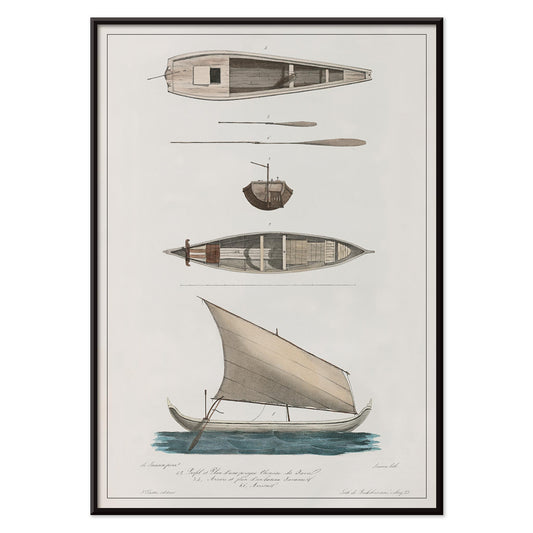 Poster of J. Tastu Chinese and Javanese boat studies with two boats and sailing vessel in beige blue and grey tones, with black aluminium frame on white background