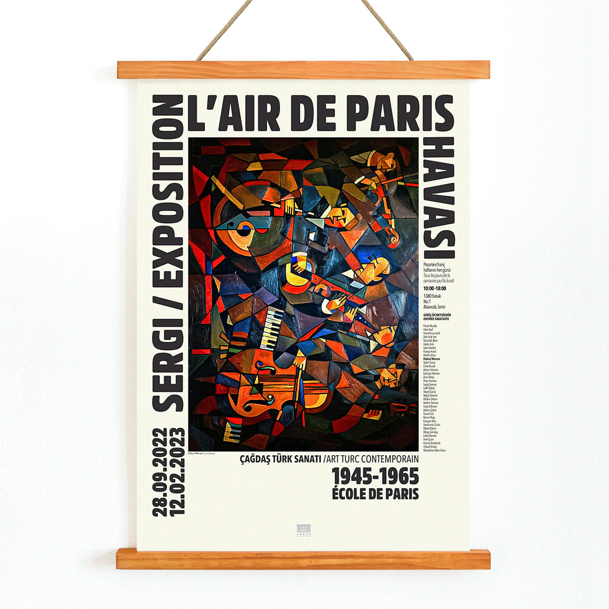 Le Concert by Hulusi Mercan L Air de Paris exhibition poster with vibrant abstract musical instruments artwork, with wooden magnetic frame on white background
