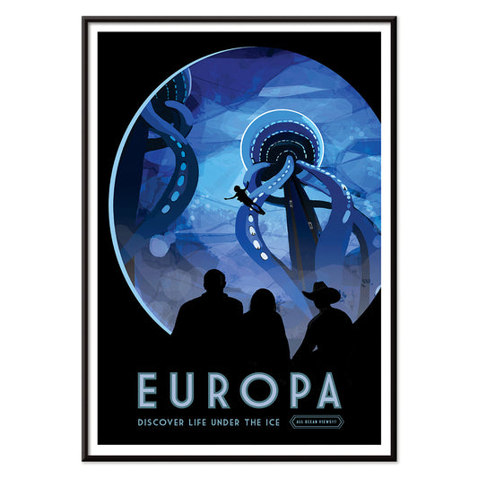 Futuristic underwater scene on Europa with giant tentacled creatures diver and people observing life under the ice by NASA, with black aluminium frame on white background