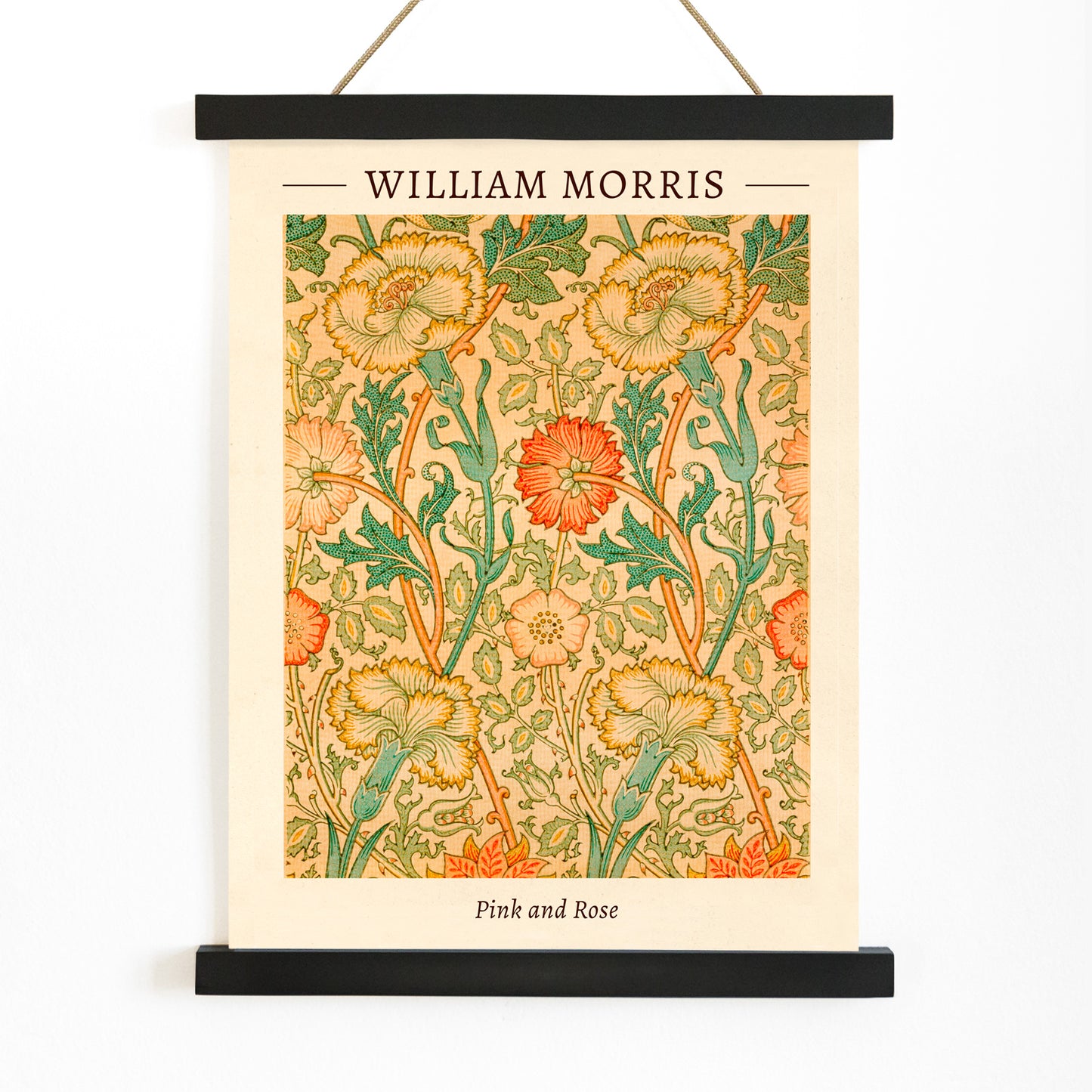 Floral pattern artwork Pink and Rose by William Morris with intricate botanical design decorative leaves and detailed flowers poster, with wooden magnetic frame on white background