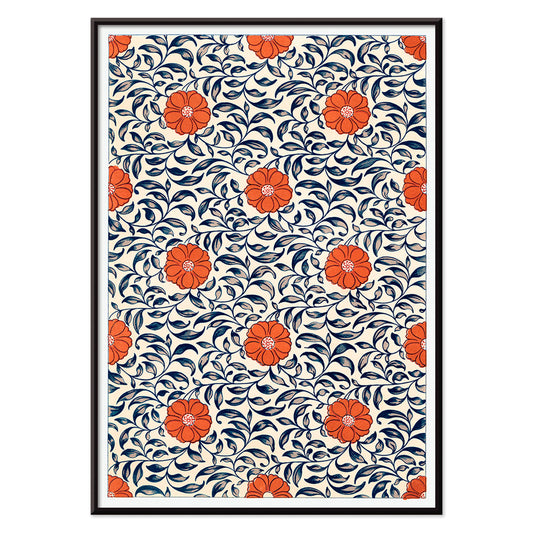 Floral pattern artwork by Owen Jones titled Flower pattern Examples of Chinese Ornament featuring red flowers and blue leaves, with black aluminium frame on white background