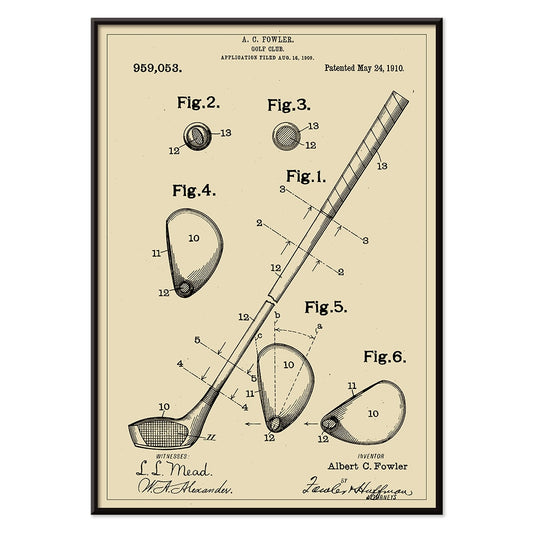 Golf Club Patent by A C Fowler with detailed technical drawings specifications and labeled parts poster, with black aluminium frame on white background