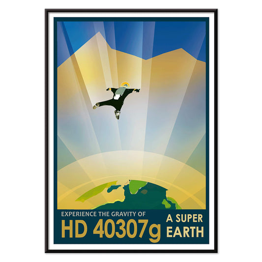 Astronaut skydiving above alien landscape HD 40307g super earth by NASA space exploration poster, with black aluminium frame on white background