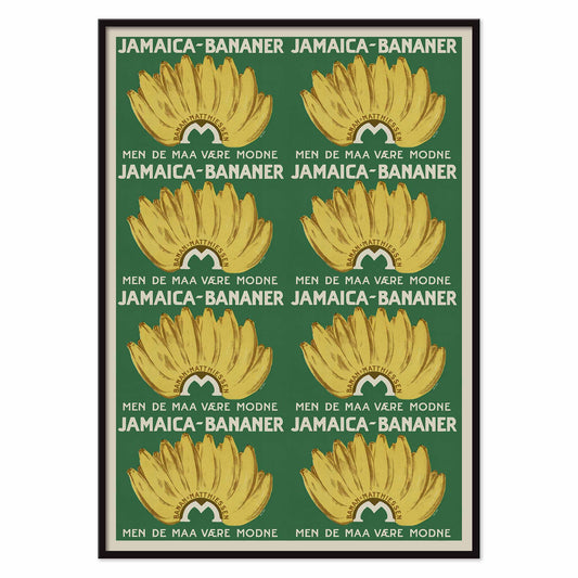 Jamaica Bananas poster with repeated ripe yellow banana bunches on a deep green vintage advertising design, with black aluminium frame on white background