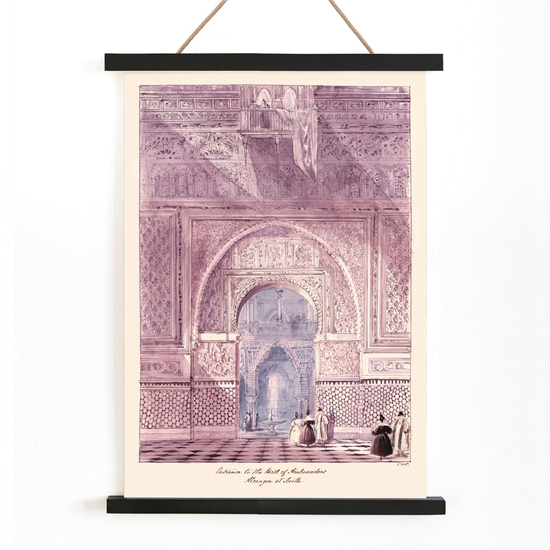 Charles Hamilton Smith painting and poster of Entrance to the Hall of Ambassadors Alcazar at Seville featuring detailed architectural scene with figures, with wooden magnetic frame on white background