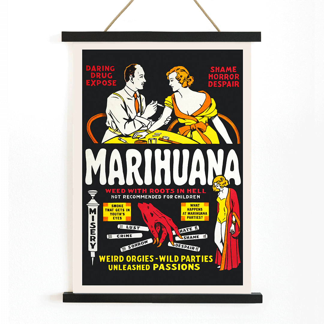 Marihuana movie poster with dramatic illustrations cautionary captions and text highlighting the dangers and consequences of marijuana use, with wooden magnetic frame on white background