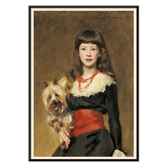 Miss Beatrice Townsend by John Singer Sargent young girl with a dog in elegant attire and red sash painting poster, with black aluminium frame on white background