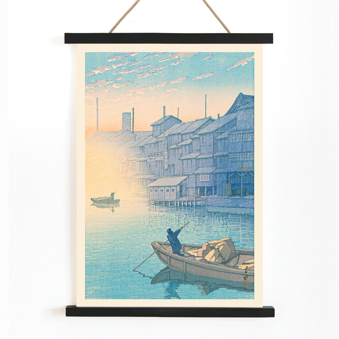 Morning at Dotonbori by Kawase Hasui serene river scene with boats and wooden houses at dawn Japanese art poster, with wooden magnetic frame on white background