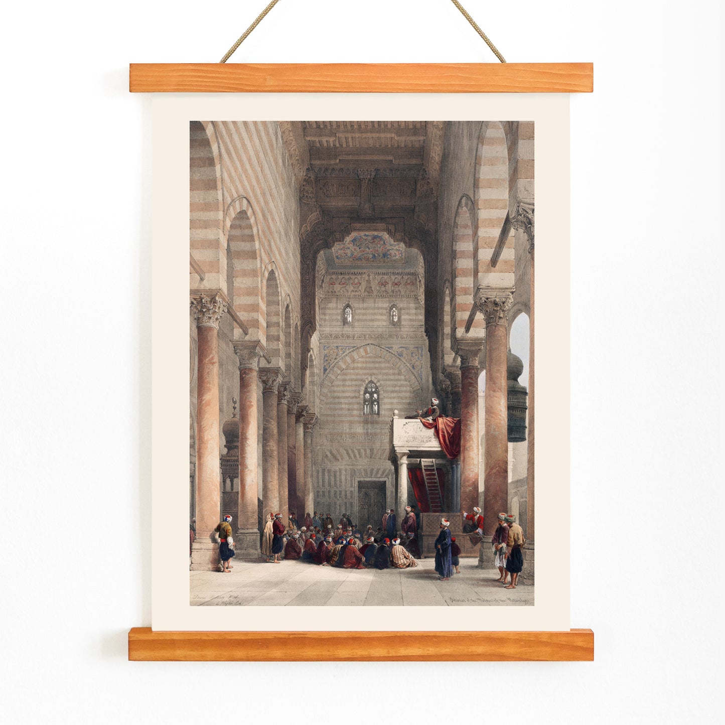 Interior of the mosque of the Metwalys by David Roberts with architectural details and people gathered inside grand hall poster, with wooden magnetic frame on white background