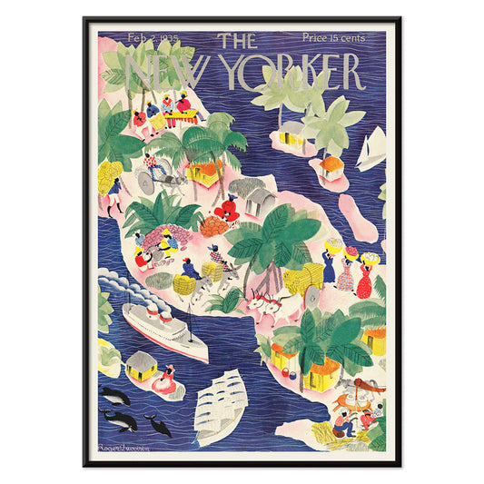 Colorful tropical island scene with people huts boats and palm trees in watercolor style illustration by Roger Duvoisin for The New Yorker, with black aluminium frame on white background