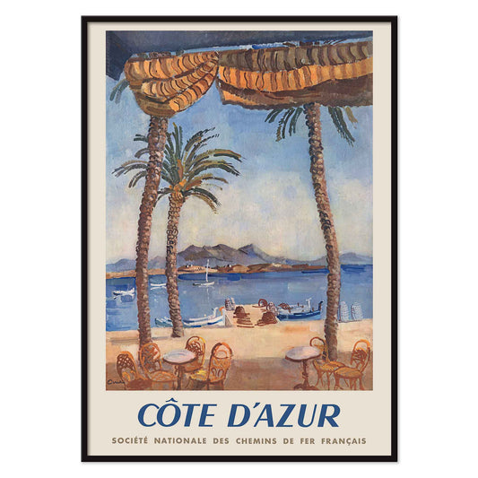 Edmond Céria French Riviera Railway poster with palm trees, blue sea, sandy beach, ochre canopies, vintage travel style, with black aluminium frame on white background