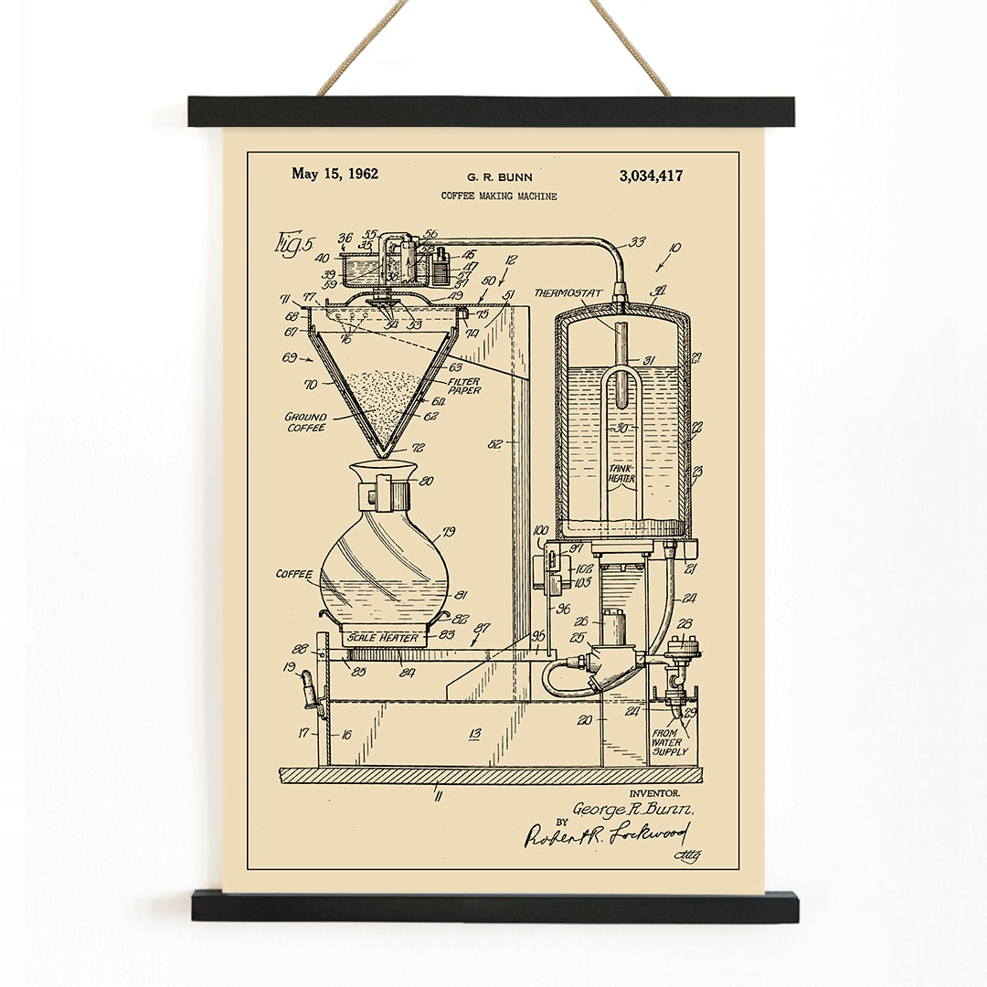 Technical diagram and poster of Coffee Making Machine by G R Bunn detailed drawing, with wooden magnetic frame on white background