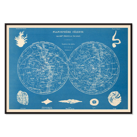 Celestial planisphere star map poster by Claude Joseph Drioux featuring constellations and astronomical illustrations on blue background, with black aluminium frame on white background