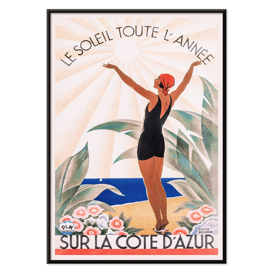 Woman in swimsuit enjoying sunny beach scenery surrounded by flowers Cote dAzur artwork by Roger Broders, with black aluminium frame on white background