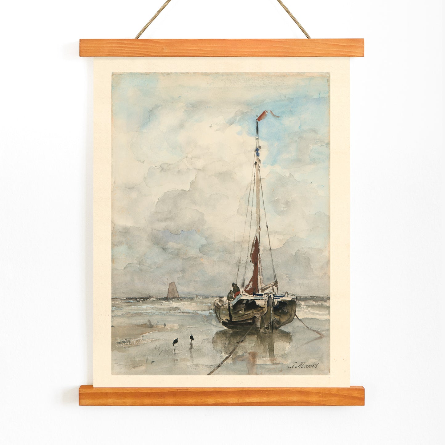 Sail boat on sandy beach under cloudy sky artwork by Jacob Maris poster inspired by Sail boat on the beach, with wooden magnetic frame on white background