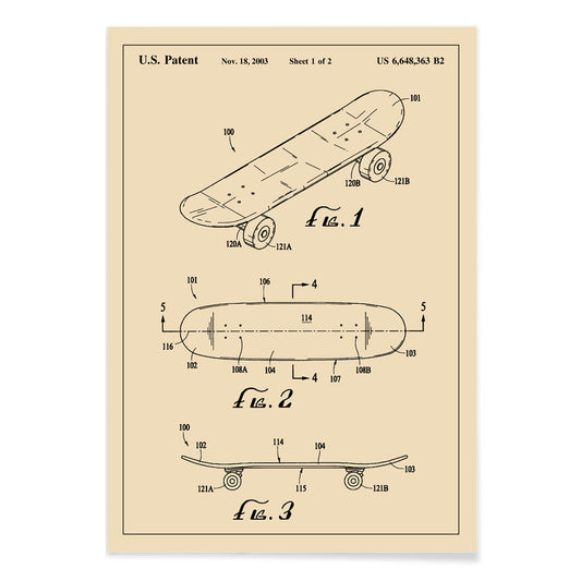 Skateboard patent drawing and technical poster by US Patents ideal wall art decor, with black aluminium frame on white background