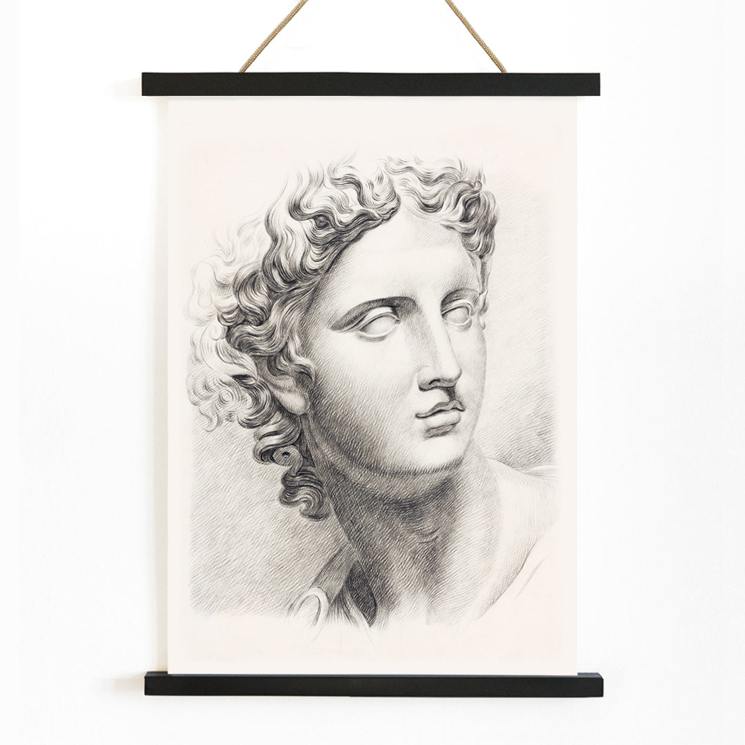 Academy study of a mans head after a plaster cast antique statue by Johannes Tavenraat detailed drawing and poster, with wooden magnetic frame on white background