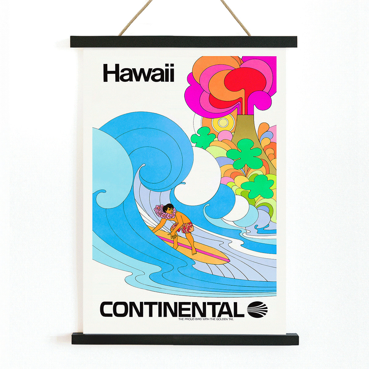 Colorful surfing scene artwork promoting Hawaii by Continental Airline featuring a surfer riding a vibrant wave titled Surf, with wooden magnetic frame on white background