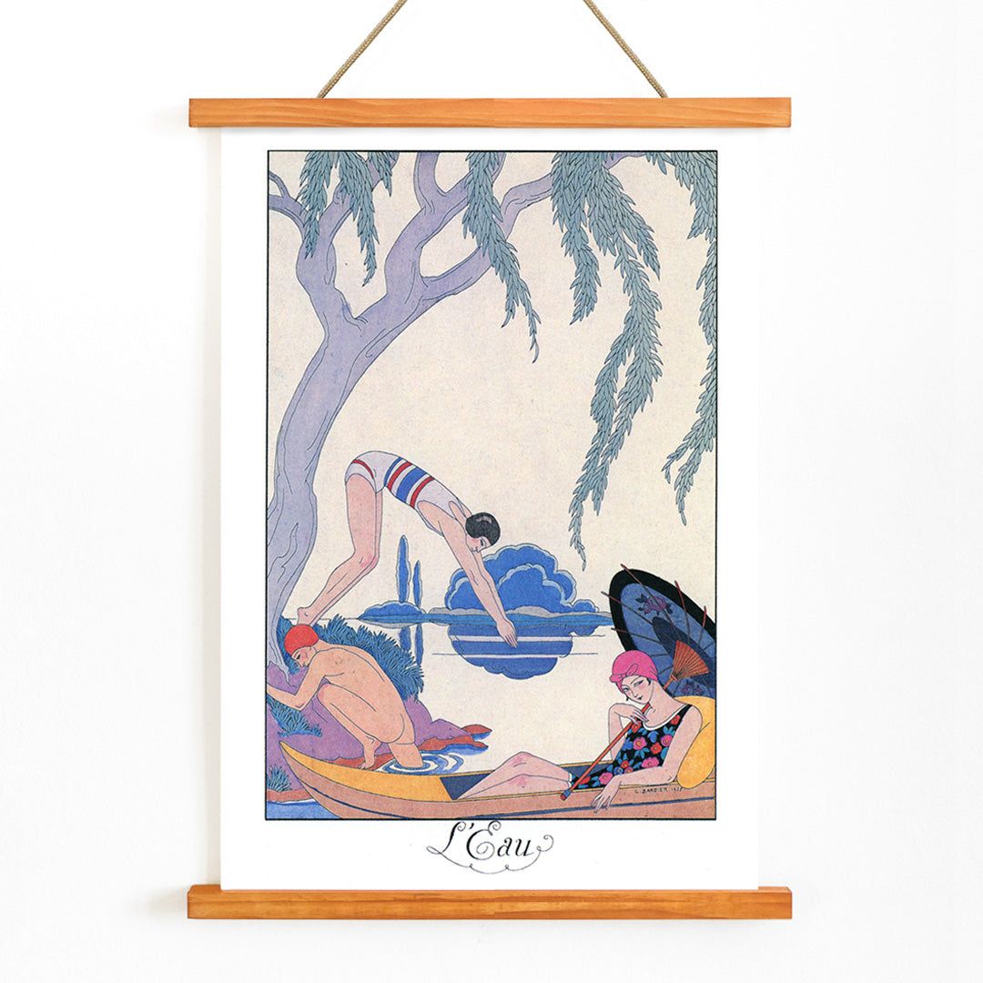 Art deco poster L Eau by George Barbier with three people in swimwear relaxing and boating by a riverside, with wooden magnetic frame on white background