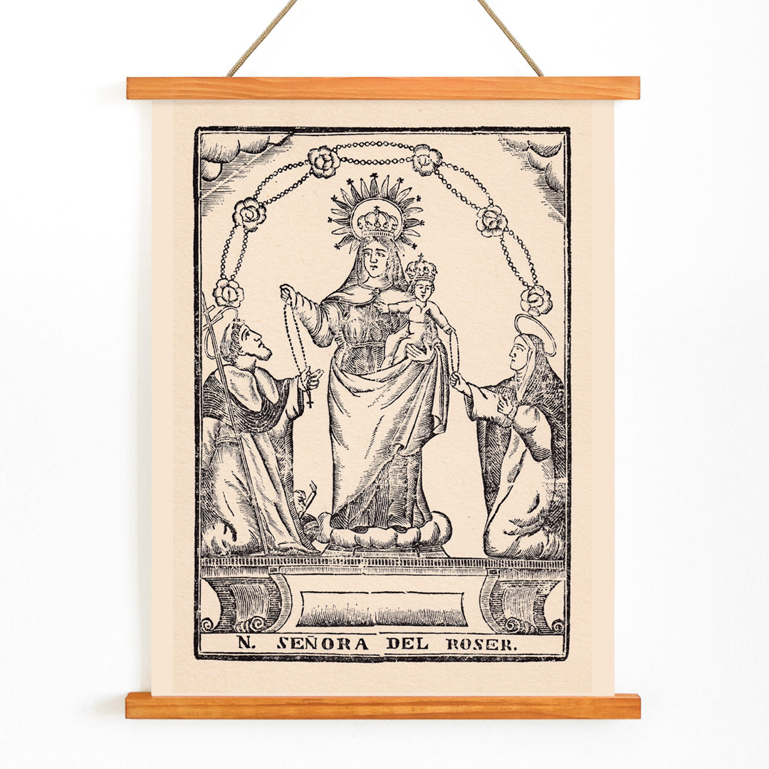 Nuestra Senora del Roser Virgin Mary holding Child Jesus with saints black and white religious illustration and crowned Madonna and child surrounded by saints traditional religious artwork, with wooden magnetic frame on white background
