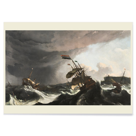Stormy seascape with sailing ships and dramatic sky by Ludolf Bakhuysen poster of stormy sea with ships battling large waves perfect for nautical and art enthusiasts, with black aluminium frame on white background