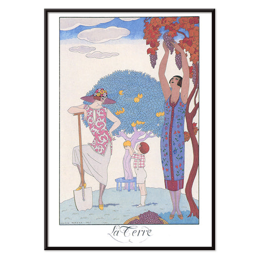 Art Deco illustration and poster by George Barbier featuring women and a child harvesting fruit in a colorful stylized garden, with black aluminium frame on white background