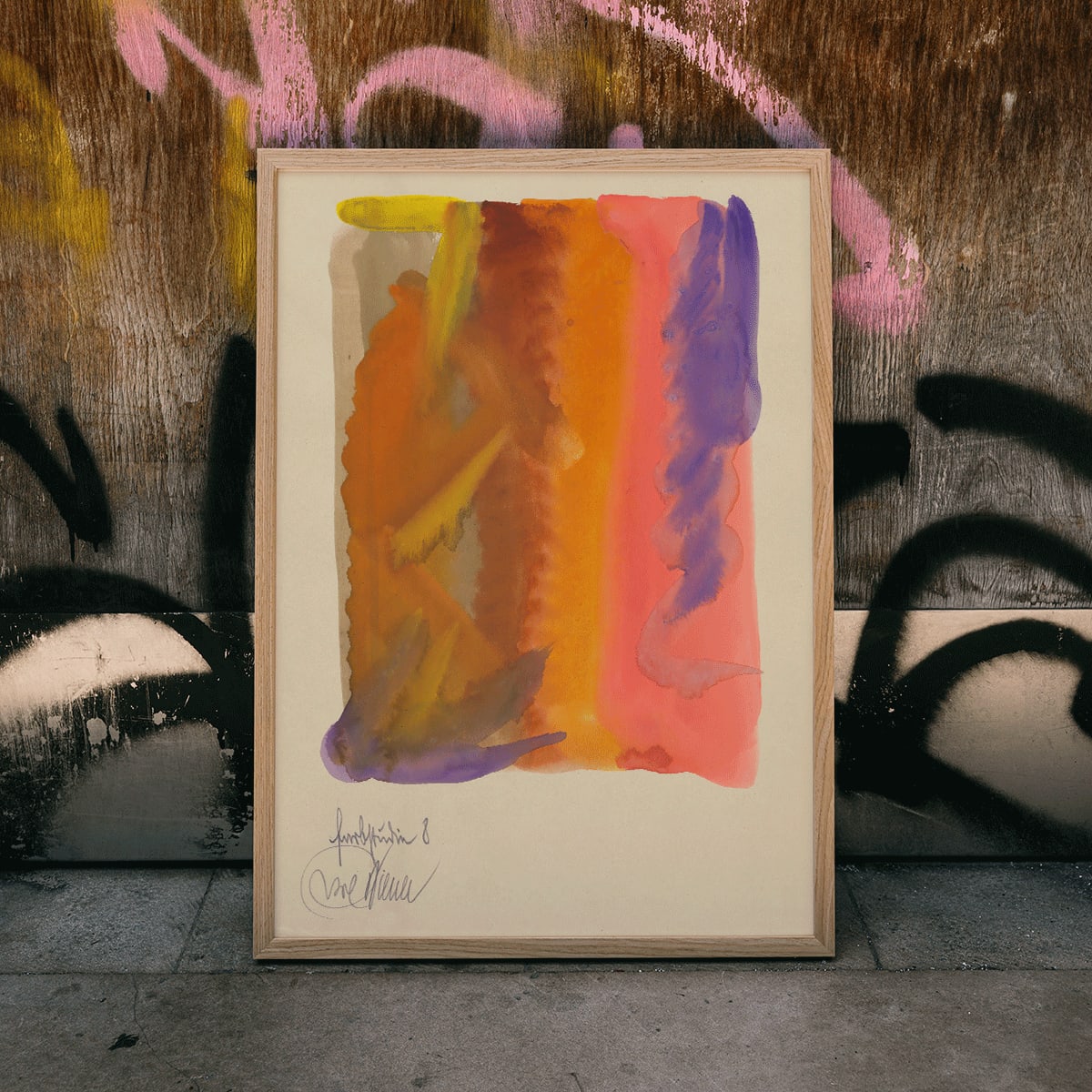 Vibrant abstract painting by Karl Wiener titled Farbstudien 10 Blätter VIII featuring bold colors dynamic shapes and orange purple pink hues poster, framed and displayed in home decor