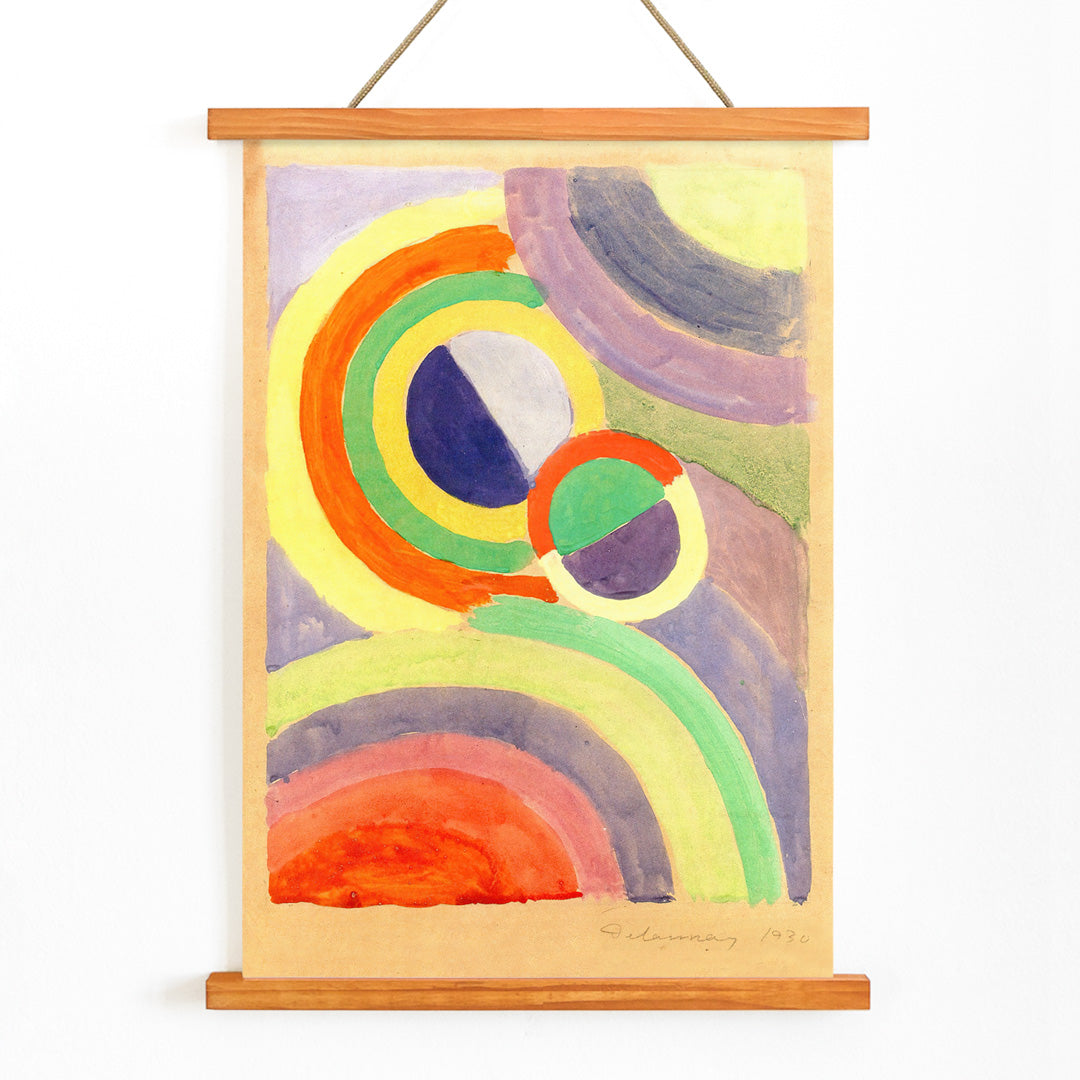 Abstract colorful circular forms and geometric shapes painting by Robert Delaunay titled Composition poster for wall decor, with wooden magnetic frame on white background