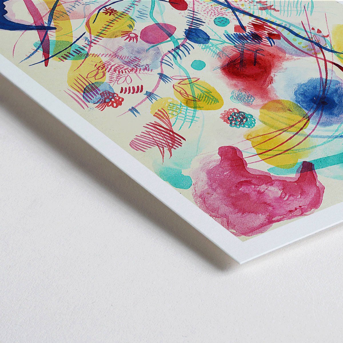 Closeup detail of Abstract colorful painting and poster of abstract art with dynamic shapes and vivid red blue green and yellow brushstrokes by Wassily Kandinsky Composition in red blue green and yellow