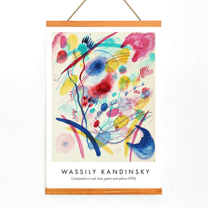 Abstract colorful painting and poster of abstract art with dynamic shapes and vivid red blue green and yellow brushstrokes by Wassily Kandinsky Composition in red blue green and yellow, with wooden magnetic frame on white background