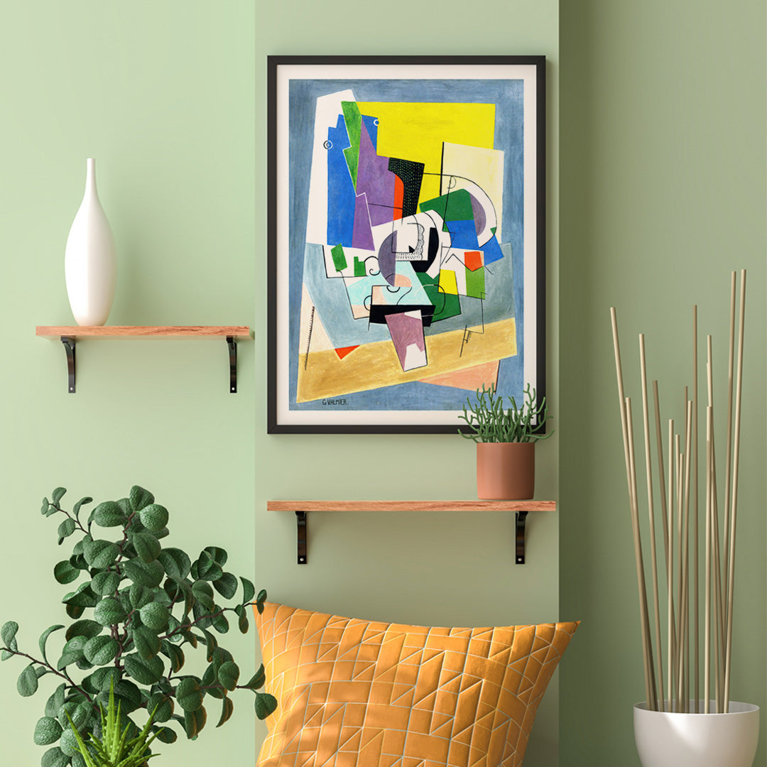 Poster of abstract geometric shapes in vibrant colors from Composition by Georges Valmier, framed and displayed in home decor