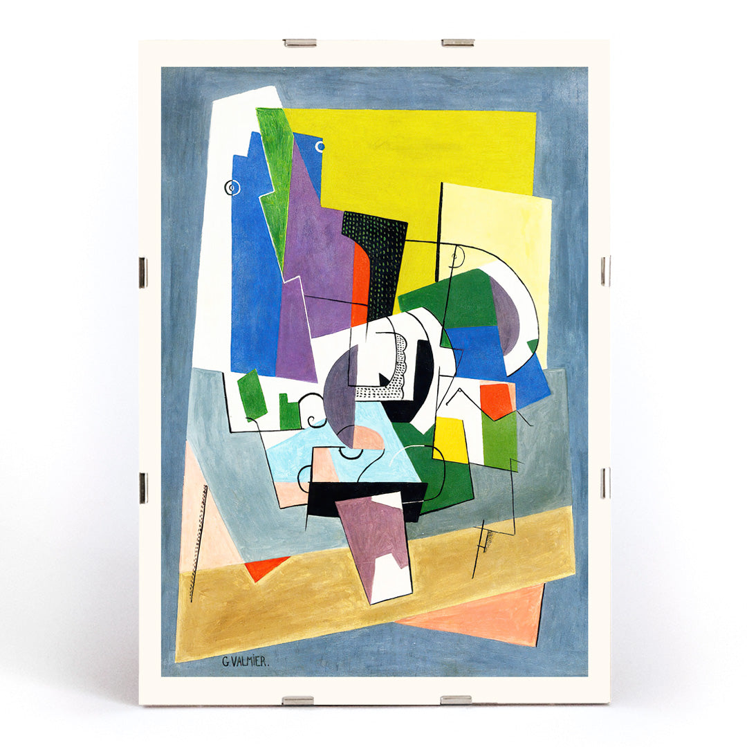 Poster of abstract geometric shapes in vibrant colors from Composition by Georges Valmier, framed and displayed in modern living room decor
