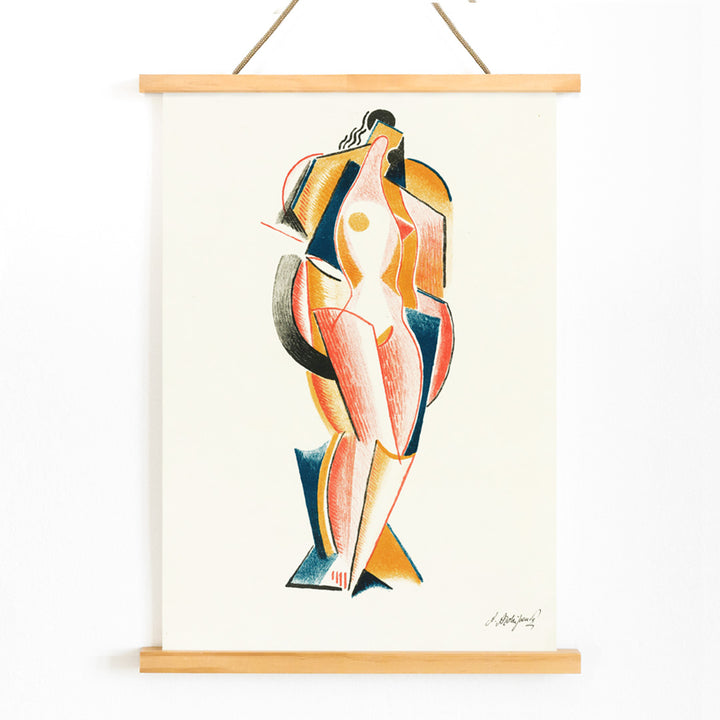 Abstract Nude by Auguste Rodin cubist style nude figure artwork poster for wall decor, with wooden magnetic frame on white background