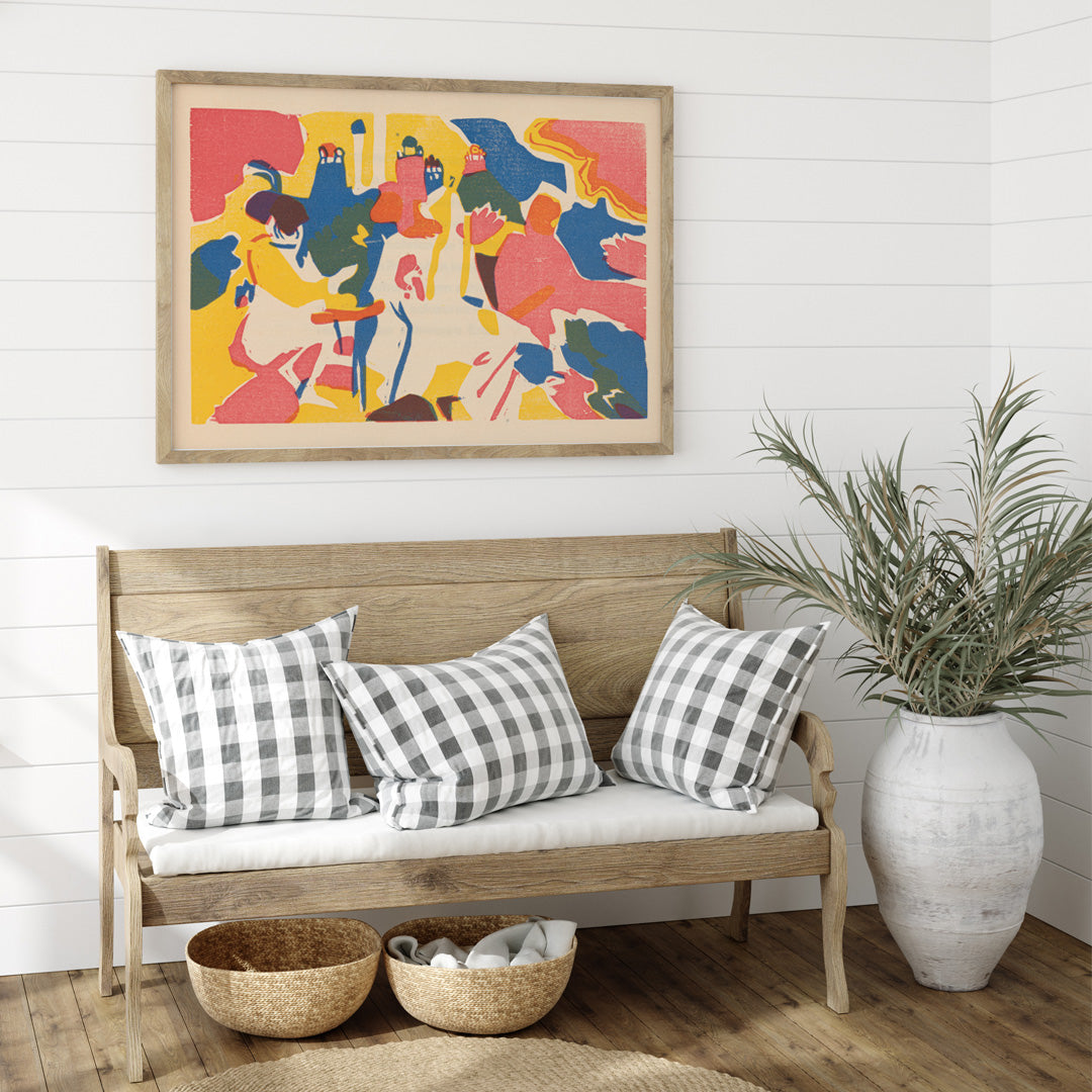 Colorful abstract composition with dynamic shapes and figures Klänge Pl 19 by Wassily Kandinsky modern art poster for home decor, framed and displayed in home decor