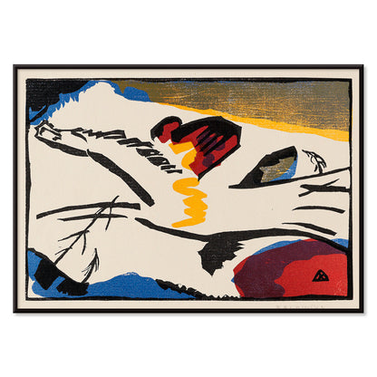 Abstract modern art poster Lyrisches by Wassily Kandinsky with bold lines and vivid colors, with black aluminium frame on white background