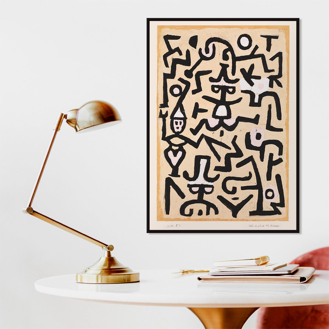 Abstract line drawing and poster with black lines forming playful whimsical figures and shapes in Comedians Handbill artwork by Paul Klee, framed and displayed in home decor