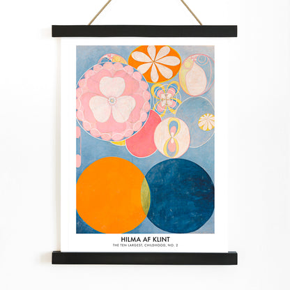 Colorful abstract circles and floral patterns from The Ten Largest Childhood series by Hilma AF Klint, with wooden magnetic frame on white background