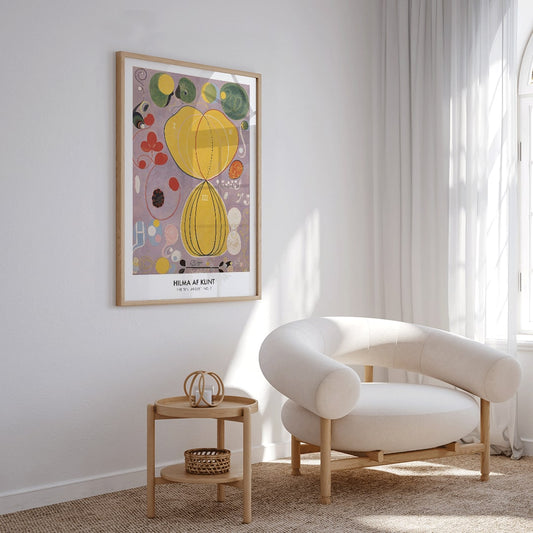 Abstract botanical shapes and vibrant colors poster from The Ten Largest No 7 by Hilma AF Klint, framed and displayed in home decor
