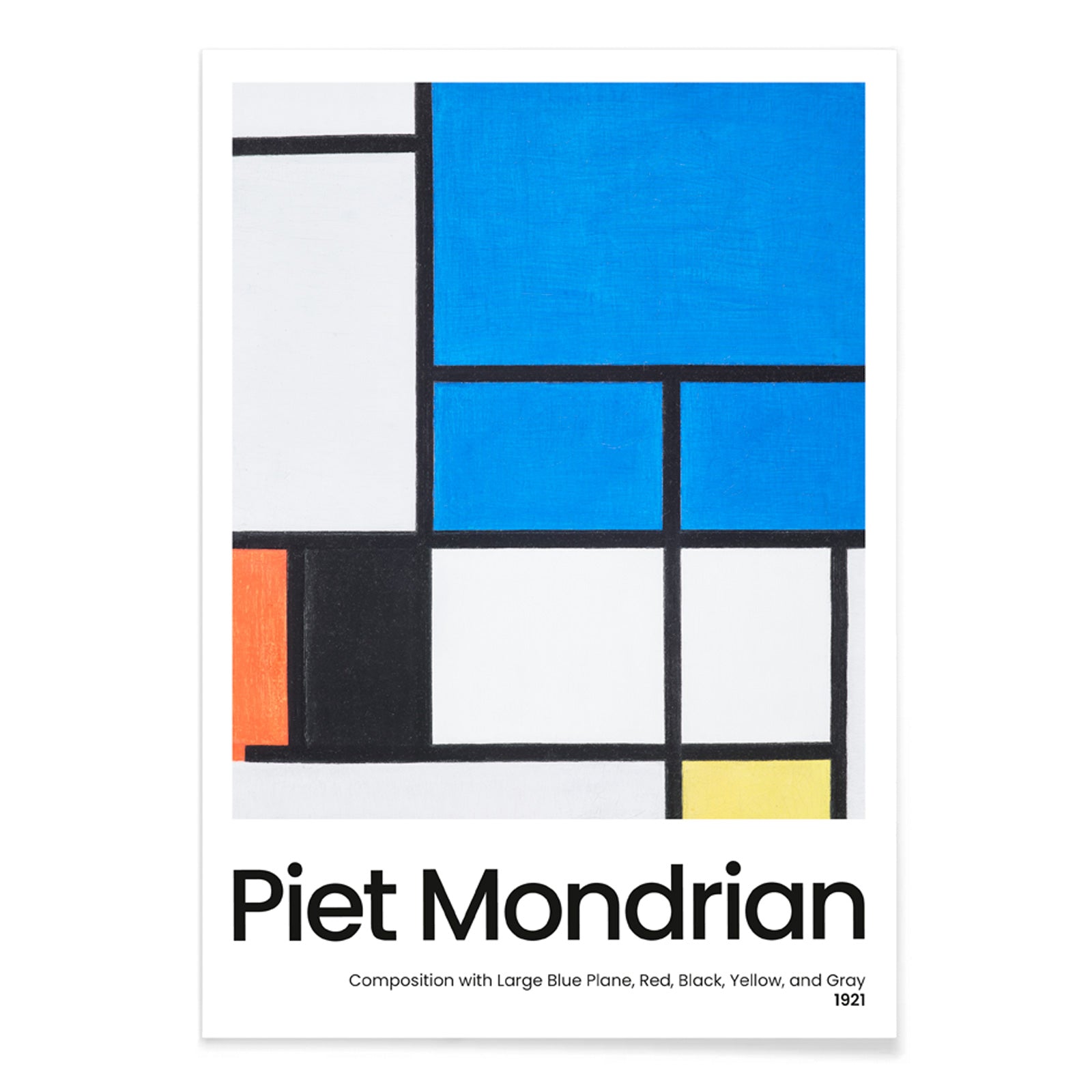 Abstract geometric painting and poster featuring Composition with Large Blue Plane Red Black Yellow and Gray by Piet Mondrian, with black aluminium frame on white background