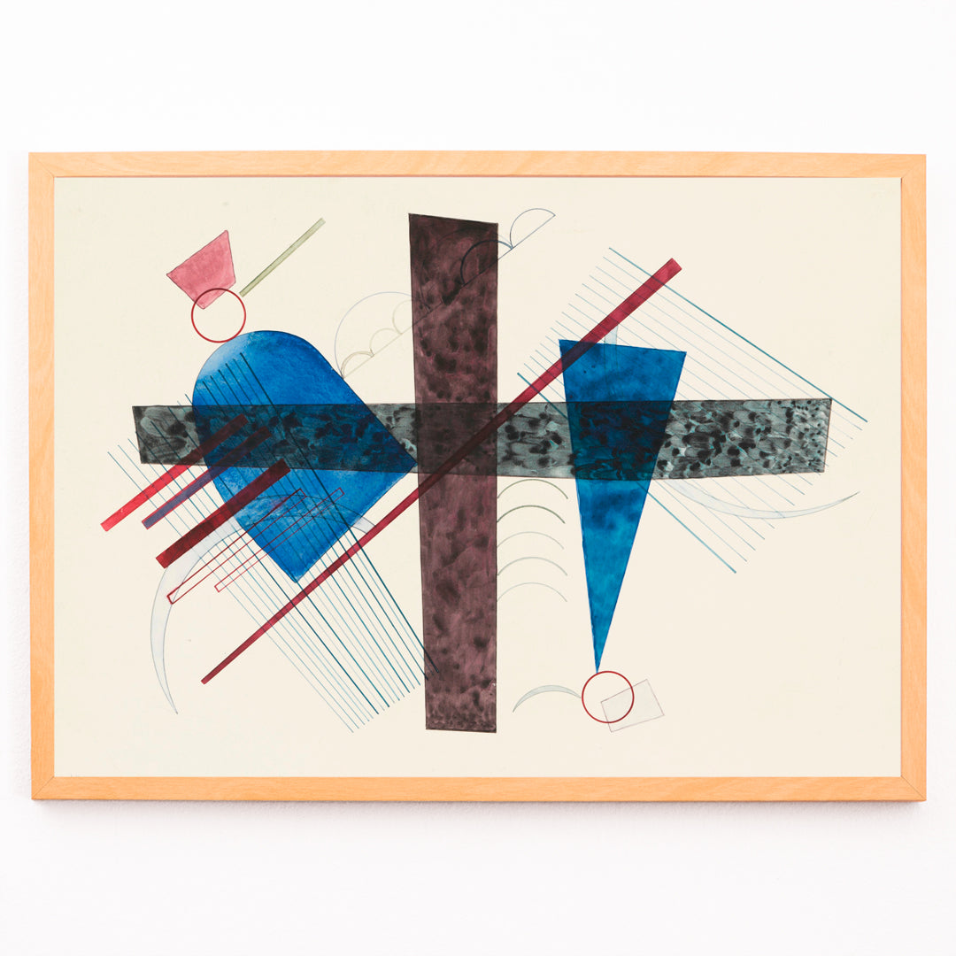 Closeup detail of Abstract geometric poster with blue and red shapes artwork Blau in Rund und Spitz by Wassily Kandinsky