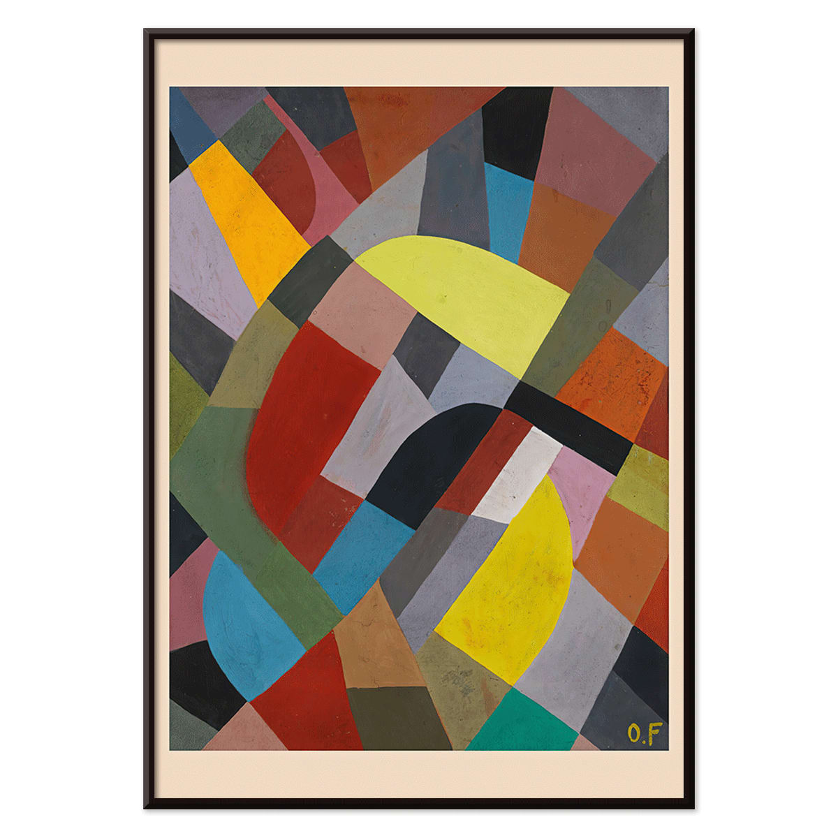 Colorful geometric abstract art poster Composition Abstraite by Otto Freundlich featuring intersecting shapes, with black aluminium frame on white background